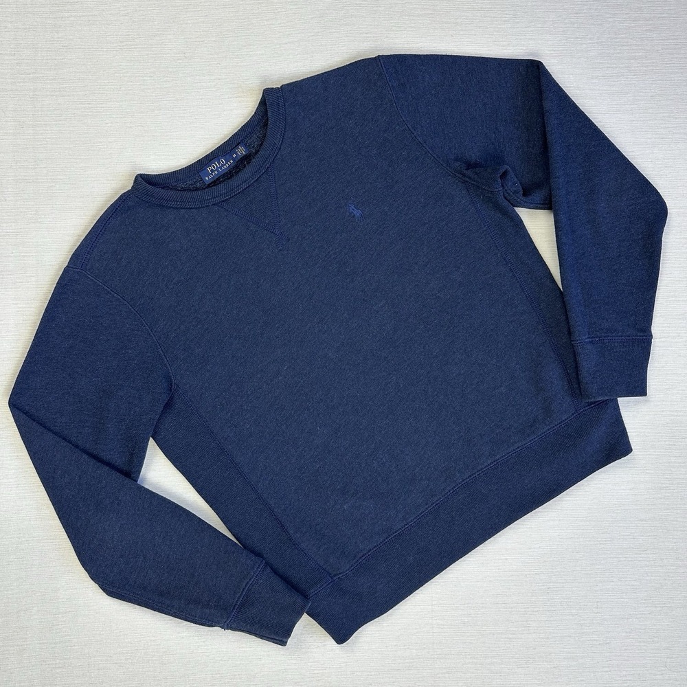 Polo Ralph Lauren Sweatshirt Crewneck Logo Ribbed Side Gusset Youth M Blue Prepp